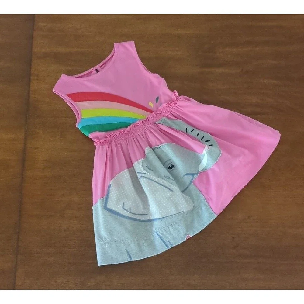 Mini boden girls sleeveless pink dress rainbow / elephant applique; size 4/5
